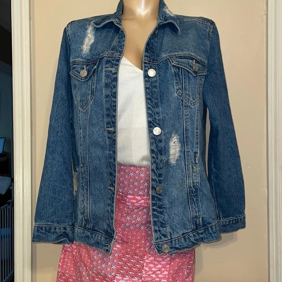 Refuge womens  Small Jacket coat Jean denim distressed blue button up basic - Picture 1 of 5